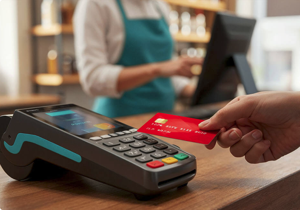 Persona deslizando tarjeta en una terminal bancaria.