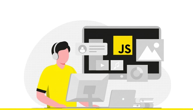 Hombre en un computador, viendo contenido sobre JavaScript.